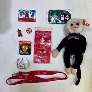 Ty MLB Los Angeles Angels Bundle Rally Monkey Beanie Baby Pins Lanyard Lot OS